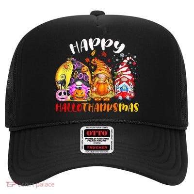 Halloween Thanksgiving Christmas Happy HalloThanksMas Gnomes High Crown Mesh Back Trucker Hat
