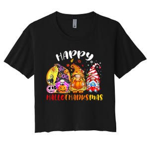 Halloween Thanksgiving Christmas Happy HalloThanksMas Gnomes Women's Crop Top Tee