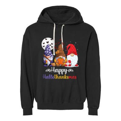 Halloween Thanksgiving Christmas Happy HalloThanksMas Gnomes Garment-Dyed Fleece Hoodie