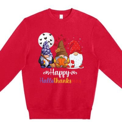 Halloween Thanksgiving Christmas Happy HalloThanksMas Gnomes Premium Crewneck Sweatshirt