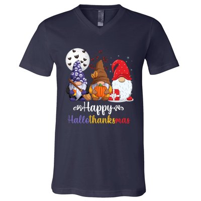 Halloween Thanksgiving Christmas Happy HalloThanksMas Gnomes V-Neck T-Shirt