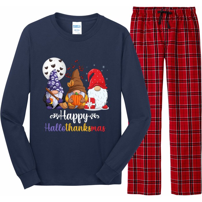 Halloween Thanksgiving Christmas Happy HalloThanksMas Gnomes Long Sleeve Pajama Set