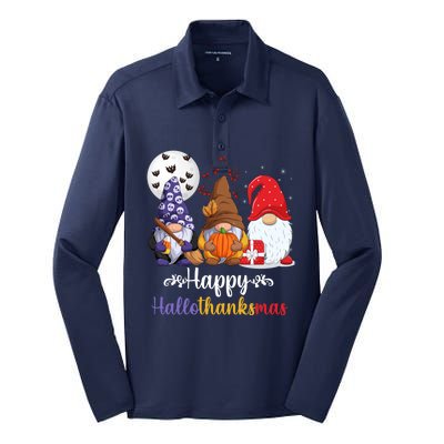 Halloween Thanksgiving Christmas Happy HalloThanksMas Gnomes Silk Touch Performance Long Sleeve Polo