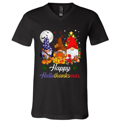 Halloween Thanksgiving Christmas Happy Hallothanksmas Gnomes V-Neck T-Shirt