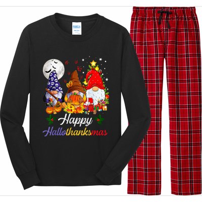 Halloween Thanksgiving Christmas Happy Hallothanksmas Gnomes Long Sleeve Pajama Set