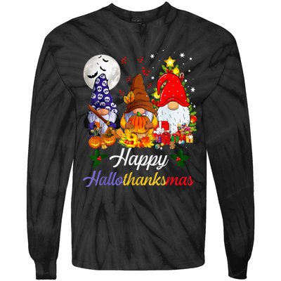 Halloween Thanksgiving Christmas Happy Hallothanksmas Gnomes Tie-Dye Long Sleeve Shirt