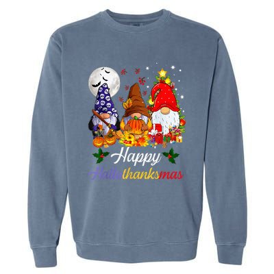 Halloween Thanksgiving Christmas Happy Hallothanksmas Gnomes Garment-Dyed Sweatshirt