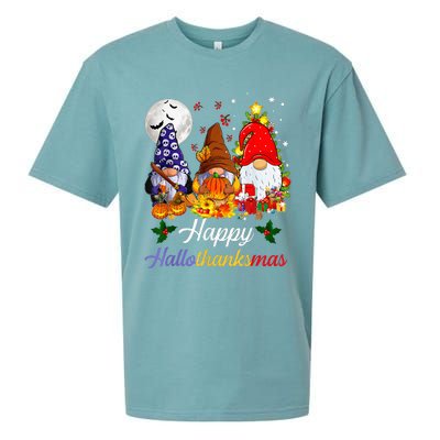 Halloween Thanksgiving Christmas Happy Hallothanksmas Gnomes Sueded Cloud Jersey T-Shirt