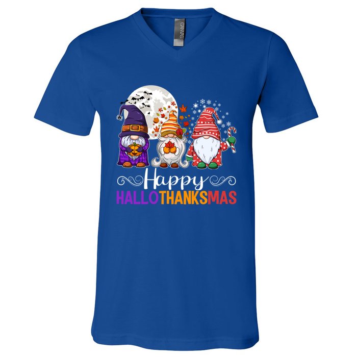 Halloween Thanksgiving Christmas Happy Hallothanksmas Gnomes Gift V-Neck T-Shirt