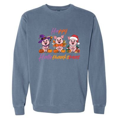 Halloween Thanksgiving Christmas Happy Hallothanksmas Pigs Gift Garment-Dyed Sweatshirt