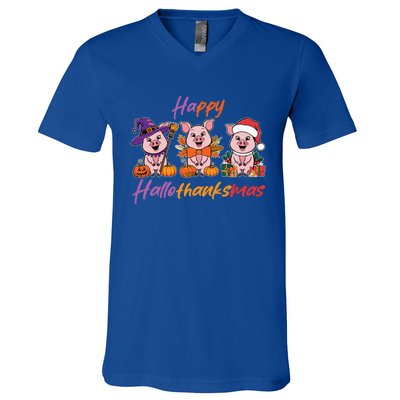 Halloween Thanksgiving Christmas Happy Hallothanksmas Pigs Gift V-Neck T-Shirt