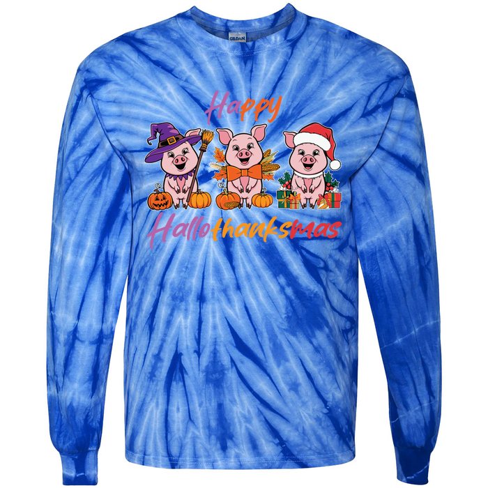 Halloween Thanksgiving Christmas Happy Hallothanksmas Pigs Gift Tie-Dye Long Sleeve Shirt