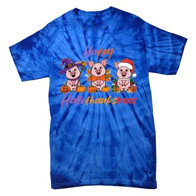 Halloween Thanksgiving Christmas Happy Hallothanksmas Pigs Gift Tie-Dye T-Shirt