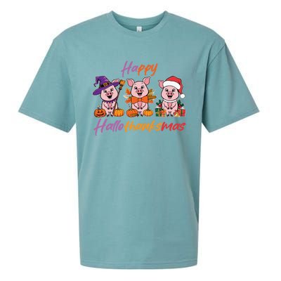 Halloween Thanksgiving Christmas Happy Hallothanksmas Pigs Gift Sueded Cloud Jersey T-Shirt