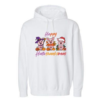 Halloween Thanksgiving Christmas Happy Hallothanksmas Pigs Gift Garment-Dyed Fleece Hoodie