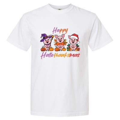 Halloween Thanksgiving Christmas Happy Hallothanksmas Pigs Gift Garment-Dyed Heavyweight T-Shirt