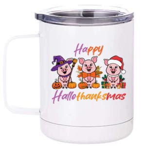 Halloween Thanksgiving Christmas Happy Hallothanksmas Pigs Gift 12 oz Stainless Steel Tumbler Cup