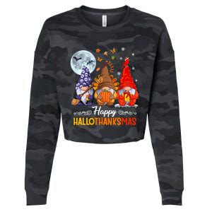 Halloween Thanksgiving Christmas Happy HalloThanksMas Gnomes Cropped Pullover Crew