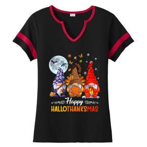 Halloween Thanksgiving Christmas Happy HalloThanksMas Gnomes Ladies Halftime Notch Neck Tee