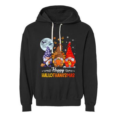 Halloween Thanksgiving Christmas Happy HalloThanksMas Gnomes Garment-Dyed Fleece Hoodie