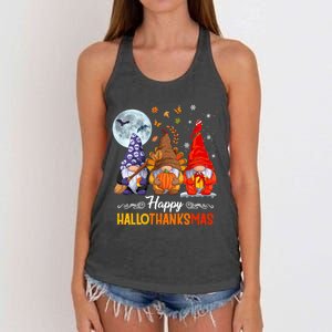 Halloween Thanksgiving Christmas Happy HalloThanksMas Gnomes Women's Knotted Racerback Tank