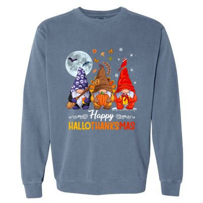 Halloween Thanksgiving Christmas Happy HalloThanksMas Gnomes Garment-Dyed Sweatshirt