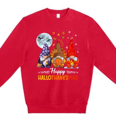 Halloween Thanksgiving Christmas Happy HalloThanksMas Gnomes Premium Crewneck Sweatshirt