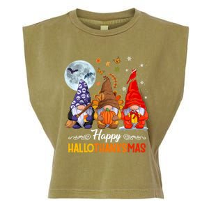 Halloween Thanksgiving Christmas Happy HalloThanksMas Gnomes Garment-Dyed Women's Muscle Tee