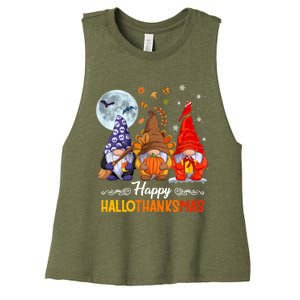 Halloween Thanksgiving Christmas Happy HalloThanksMas Gnomes Women's Racerback Cropped Tank