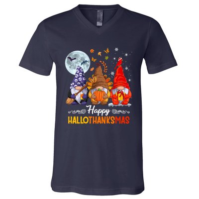 Halloween Thanksgiving Christmas Happy HalloThanksMas Gnomes V-Neck T-Shirt