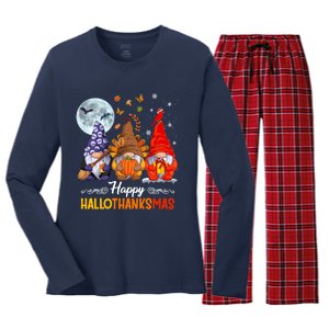 Halloween Thanksgiving Christmas Happy HalloThanksMas Gnomes Women's Long Sleeve Flannel Pajama Set 