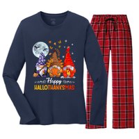 Halloween Thanksgiving Christmas Happy HalloThanksMas Gnomes Women's Long Sleeve Flannel Pajama Set 