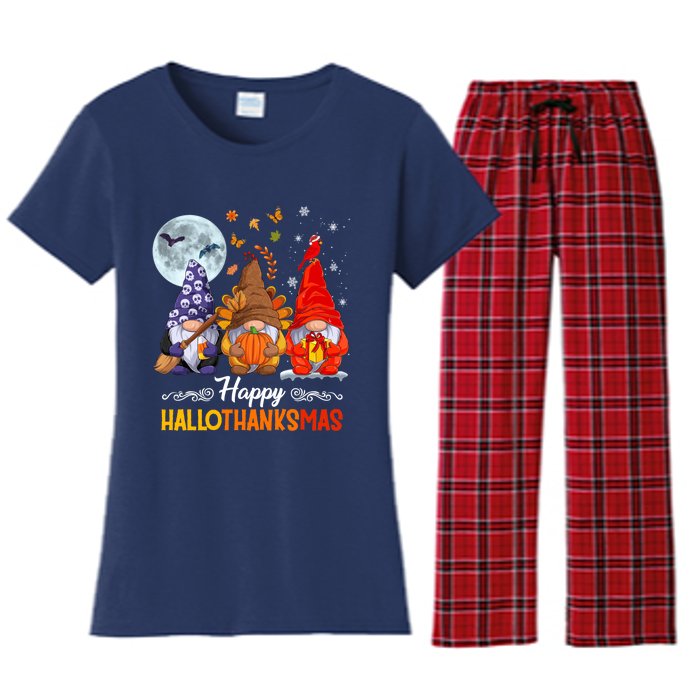 Halloween Thanksgiving Christmas Happy HalloThanksMas Gnomes Women's Flannel Pajama Set