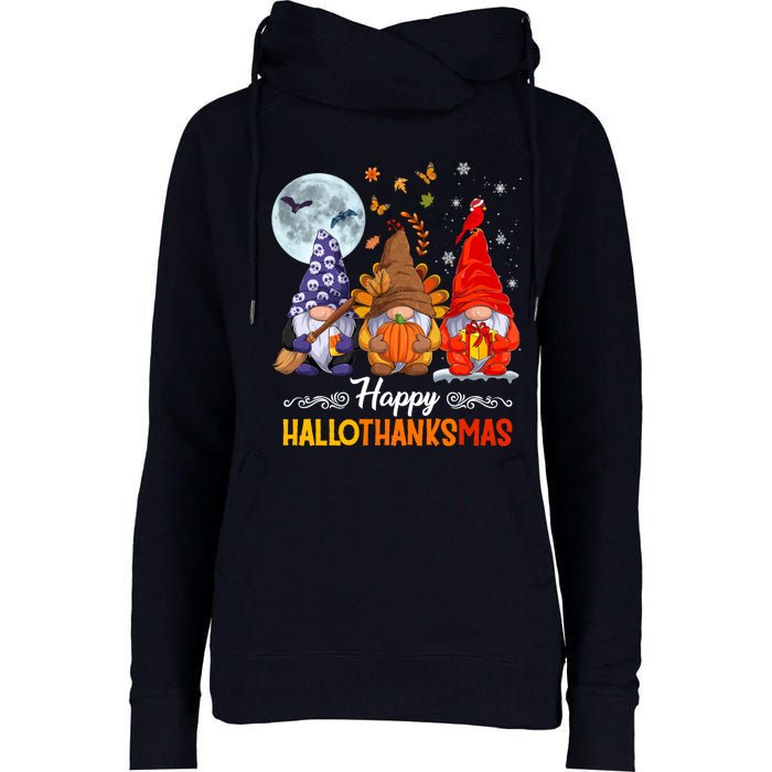 Halloween Thanksgiving Christmas Happy HalloThanksMas Gnomes Womens Funnel Neck Pullover Hood