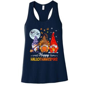 Halloween Thanksgiving Christmas Happy HalloThanksMas Gnomes Women's Racerback Tank