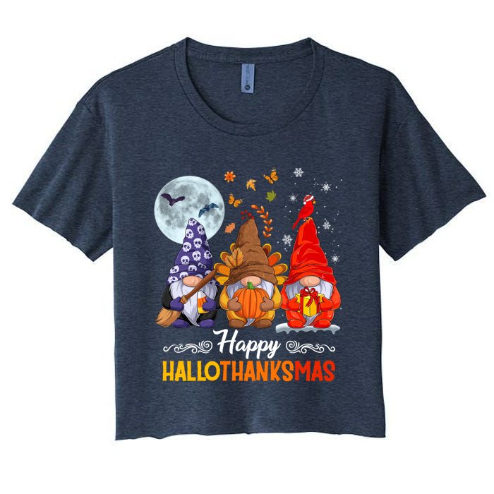 Halloween Thanksgiving Christmas Happy HalloThanksMas Gnomes Women's Crop Top Tee