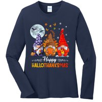 Halloween Thanksgiving Christmas Happy HalloThanksMas Gnomes Ladies Long Sleeve Shirt