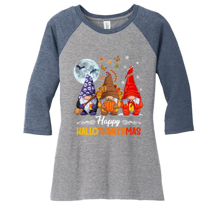 Halloween Thanksgiving Christmas Happy HalloThanksMas Gnomes Women's Tri-Blend 3/4-Sleeve Raglan Shirt