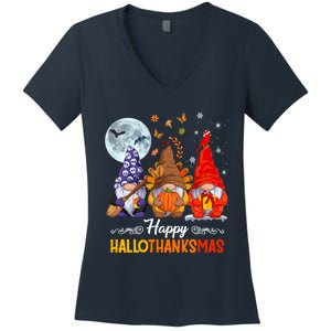 Halloween Thanksgiving Christmas Happy HalloThanksMas Gnomes Women's V-Neck T-Shirt