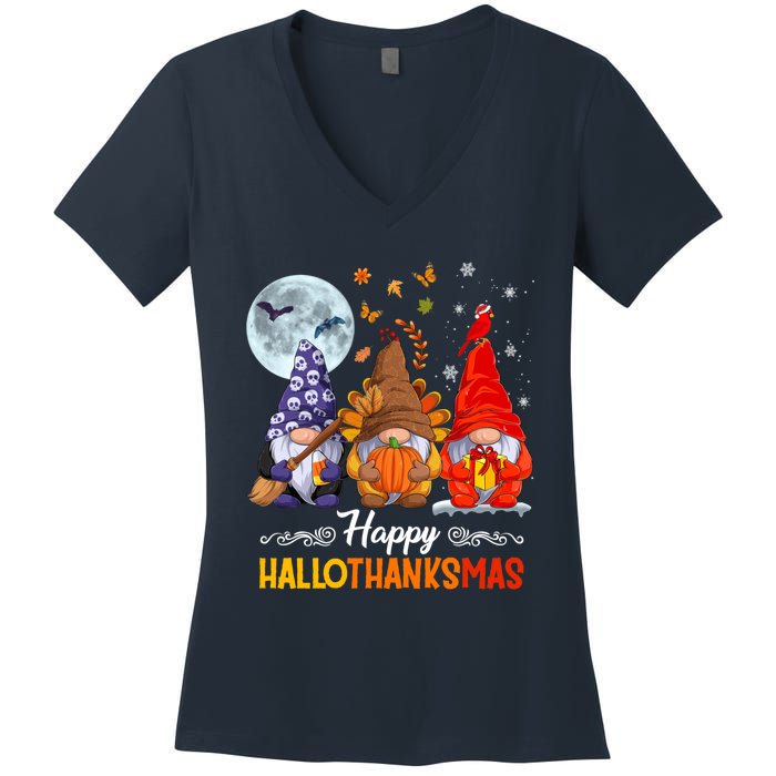 Halloween Thanksgiving Christmas Happy HalloThanksMas Gnomes Women's V-Neck T-Shirt