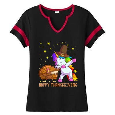 Happy Thanksgiving Cute Unicorn Turkey Dabbing Dance Ladies Halftime Notch Neck Tee