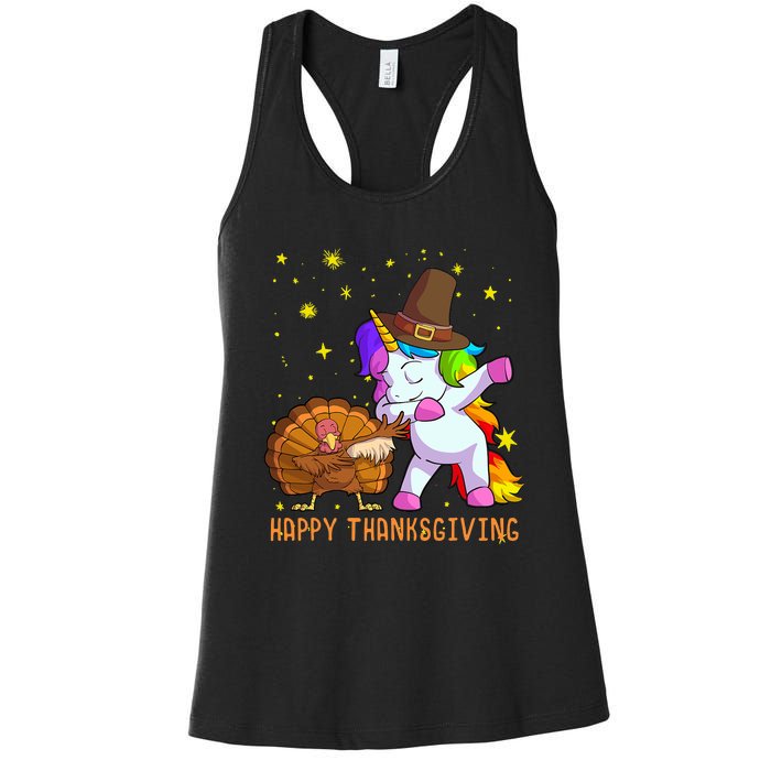 Happy Thanksgiving Cute Unicorn Turkey Dabbing Dance Women's Racerback Tank