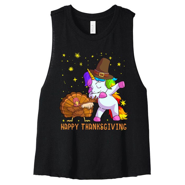 Happy Thanksgiving Cute Unicorn Turkey Dabbing Dance Women's Racerback Cropped Tank