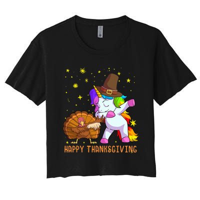 Happy Thanksgiving Cute Unicorn Turkey Dabbing Dance Women's Crop Top Tee