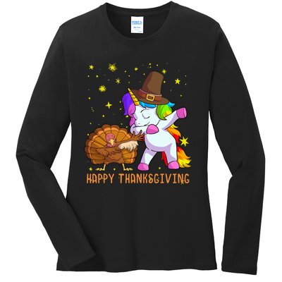 Happy Thanksgiving Cute Unicorn Turkey Dabbing Dance Ladies Long Sleeve Shirt