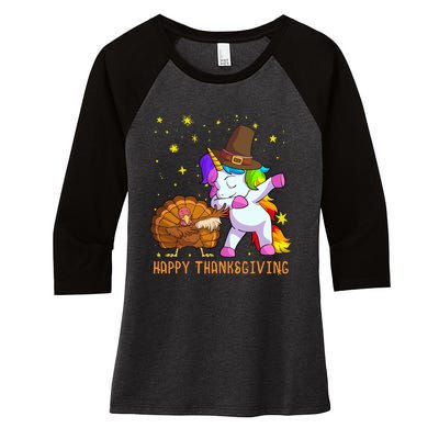 Happy Thanksgiving Cute Unicorn Turkey Dabbing Dance Women's Tri-Blend 3/4-Sleeve Raglan Shirt