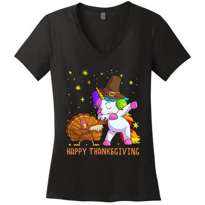 Happy Thanksgiving Cute Unicorn Turkey Dabbing Dance Women's V-Neck T-Shirt