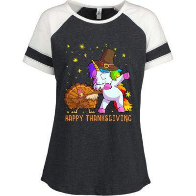 Happy Thanksgiving Cute Unicorn Turkey Dabbing Dance Enza Ladies Jersey Colorblock Tee