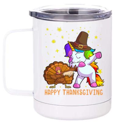 Happy Thanksgiving Cute Unicorn Turkey Dabbing Dance 12 oz Stainless Steel Tumbler Cup