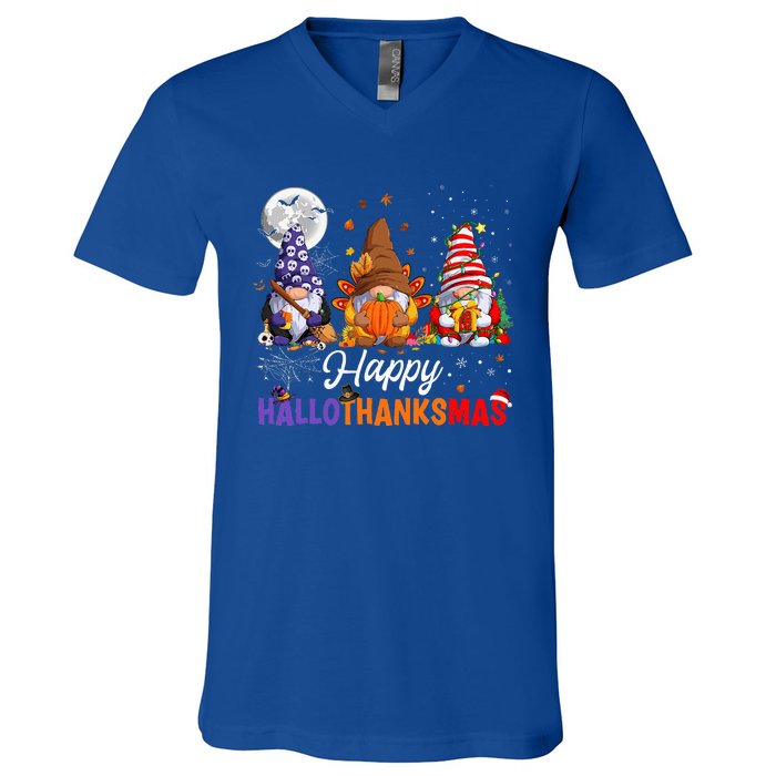 Halloween Thanksgiving Christmas Happy HalloThanksMas Gnomes V-Neck T-Shirt